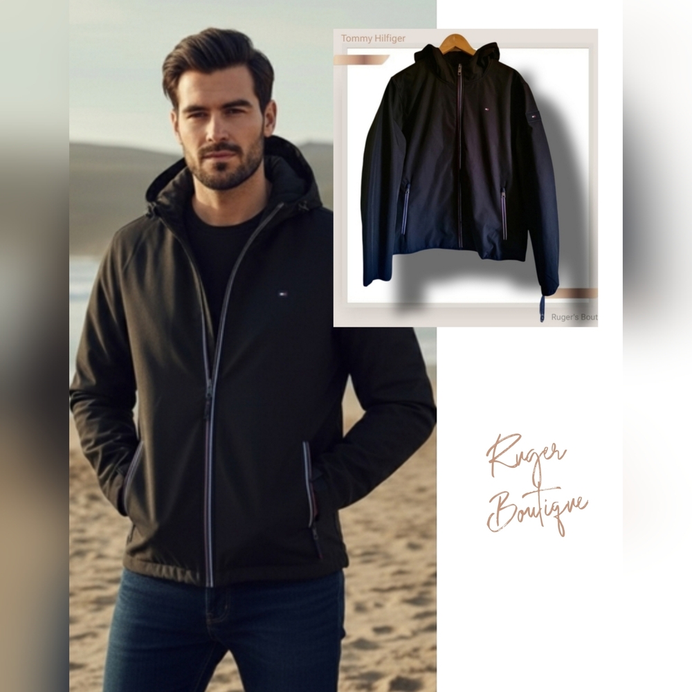🌿Tommy Hilfiger Soft Shell Fleece Hooded Men's Large Jacket in Black NWT